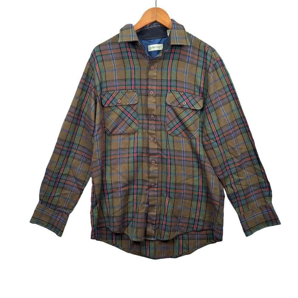 Vintage St John’s Bay Flannel Button Up Plaid Farmer Country Green Men’s L T